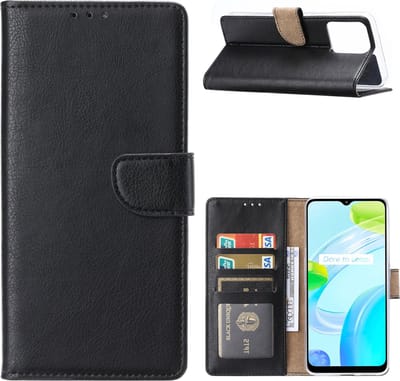 Hoesje Geschikt Realme C30 Hoesje met Pasjeshouder Zwart - Hoesje Geschikt voor Oppo Realme C30 hoesje Luxe Booktype Portemonnee case