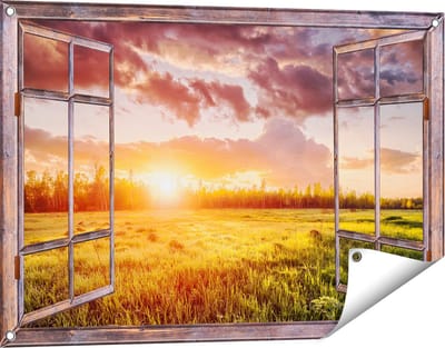 Gards Tuinposter Doorkijk Zonsopkomst in het Veld - 90x60 cm - Tuindoek - Tuindecoratie - Wanddecoratie buiten - Tuinschilderij