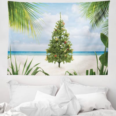 ABAKUHAUS Kersttapijt, kerstboomversiering en ornamenten met tropisch eiland- en zandstrandthema, 150 x 110 cm, crème