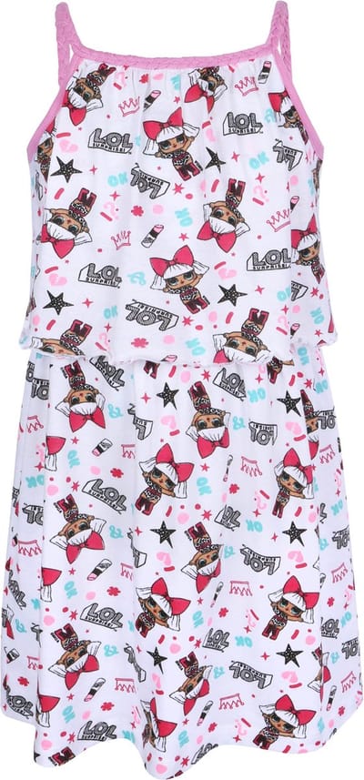 Wit-roze meisjesjurk met een terugkerend LOL SURPRISE-motief