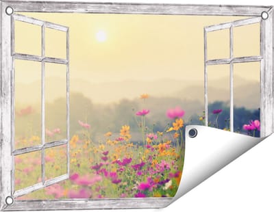 Gards Tuinposter Doorkijk Bloemenveld met Kosmos - Zonsondergang - 60x40 cm - Tuindoek - Tuindecoratie - Wanddecoratie buiten - Tuinschilderij