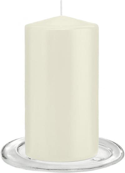 Trend Candles - Stompkaarsen met glazen onderzetters set van 2x stuks ivoor wit 8 x 15 cm