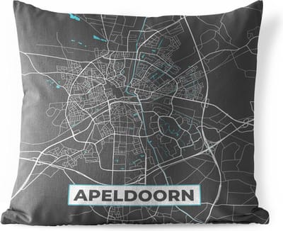 Buitenkussen Weerbestendig - Plattegrond - Apeldoorn - Grijs - Blauw - 50x50 cm - Stadskaart
