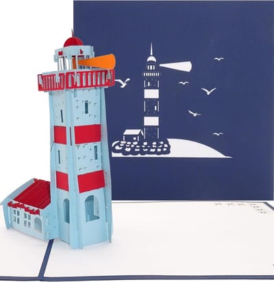 Pop-Up Kaart Vuurtoren - 3D Wenskaart Maritiem - Verjaardag Verrassen - Handgemaakt Papierkunst - 15 x 15 cm - Blauw
