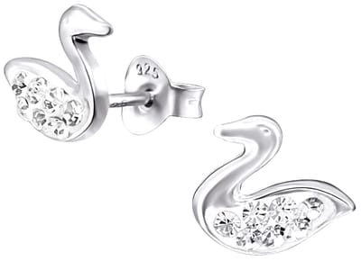 Joy|S - Zilveren zwaan oorbellen - 9 x 8 mm - kristal - oorknoppen