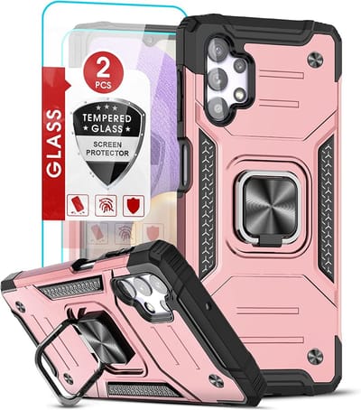 Hoesje Geschikt Voor Samsung Galaxy A32 5G Hoesje Heavy Duty Armor Hoesje Rose Goud - Galaxy A32 5G Case Kickstand Ring cover met Magnetisch Auto Mount- Hoesje Geschikt Voor Samsung Galaxy A32 screenprotector 2 pack