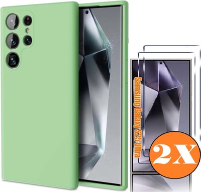 Hoesje geschikt voor Samsung Galaxy S25 Ultra Hoesje siliconen Groen zacht TPU backcover - Met gehard glas screenprotector Galaxy S25 Ultra - 2 stuks