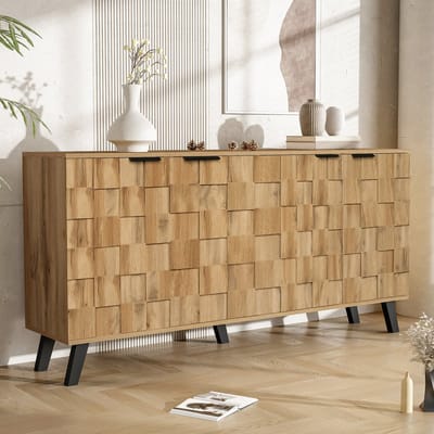 Wishdor - Dressoir Met 4 Deuren - Verstelbare Legplanken - Geometrisch Reliëf - Spaanplaat - Houtkleur - 160,5 X 35,5 X 78 Cm
