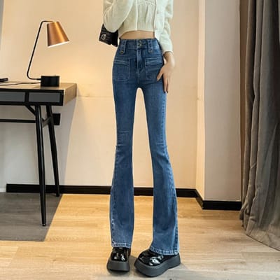 Vintage Stijl Blauwe Jeans met Hoge Taille voor Dames Lente en Herfst Bijgewerkte Slim Fit Smalle Hoefijzer Wijde Broeken XXL gray