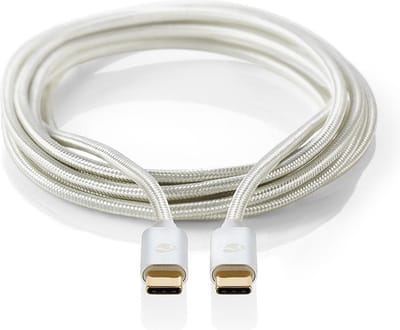 Nedis USB-Kabel - USB 2.0 - USB-C Male - USB-C Male - 100 W - 480 Mbps - Verguld - 2.00 m - Rond - Gevlochten / Nylon - Zilver - Cover Window Box