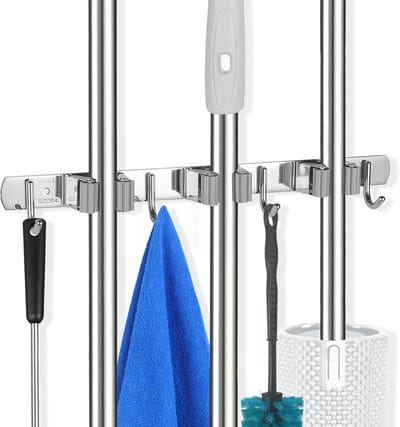 3 Rekken en 4 Haken Mop en Bezem Houder - Muurmontage, Zelfklevende Heavy Duty Organizer voor Keuken, Tuin en Garage