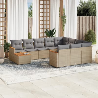 vidaXL - 11-delige - Loungeset - met - kussens - poly - rattan - gemengd - beige