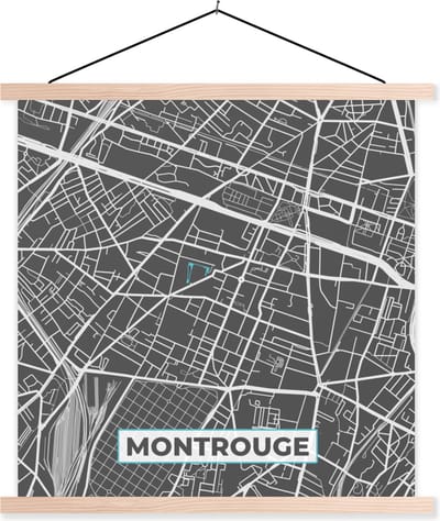 Posterhanger incl. Poster 40x40 cm - Schoolplaat - Montrouge - Frankrijk - Plattegrond - Stadskaart - Kaart - Textielposter - Blanke latten - Stadskaart