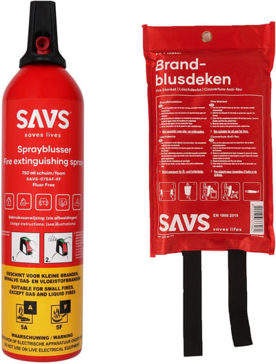 SAVS Brandblus box - Schuim klein - Sprayblusser schuim 750ml & Blusdeken 100 x 100cm - Vetblusser - Blusrating 5A 5F - Ook voor auto, boot, caravan of camper - Schuimblusser & Branddeken voor o.a. thuis & keuken - Brandblusser