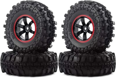 4 Stuks 110mm RC Auto Rubberbanden en 1.9 Inch Plastic Velgen voor 1/10 RC Rock Crawler, Geschikt voor Tamiya, Axial SCX10, HSP en HPI Modellen, Zwart/Rood