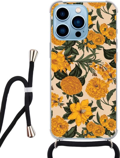 Hoesje met koord - Geschikt voor iPhone 13 Pro - Retro flowers - Verstelbaar zwart koord - Transparant, Oranje - Bloemen - Leuke Telefoonhoesjes