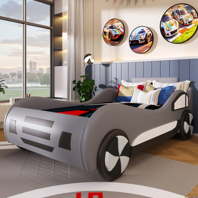 STILVORA Kinderbed 90x200 cm – Autobed Met Lattenbodem – Hydraulische Opbergruimte Onder Het Bed – Zonder Matras – MDF En Kunstleer – Grijs