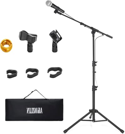 Verstelbare Microfoonstandaard met Boomarm en Tripod, Opvouwbaar en Uitschuifbaar, Inclusief 2 Microfoonhouders en Opbergtas, Ideaal voor Workshops en Optredens