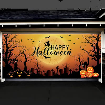 Dailygoods- Garagedeurdecoratie Halloween - Grote Deurbanner - 400 x 185 cm - Hoogwaardige Stof - Oranje/Zwart - Halloween-elementen