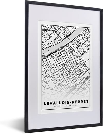 Fotolijst incl. Poster Zwart Wit- Frankrijk - Plattegrond - Levallois-Perret - Stadskaart - Kaart - Zwart wit - 40x60 cm - Posterlijst