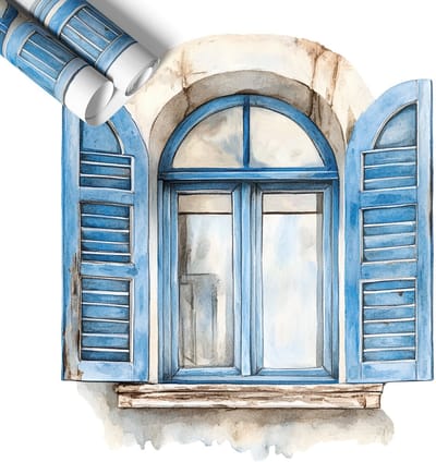 Wallfluent 3D Muursticker - Houten luiken Muursticker Raam - 58x60 cm - Blauw 3D Muursticker Raam - Muursticker 3D Uitzicht - Nep Raam Met Uitzicht - Muursticker Raam Uitzicht - Nep Raam Muursticker - Zelfklevend Vals Raam