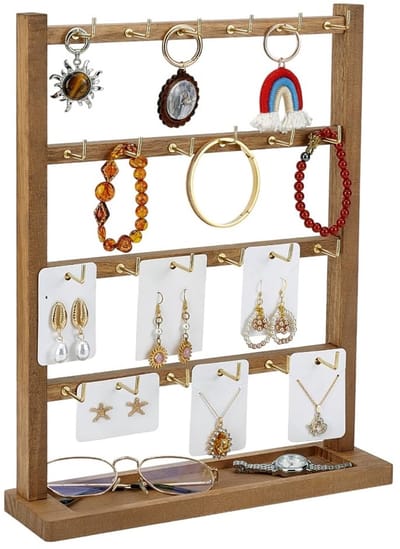 Dailygoods- Sieradenorganizer Houten - Sieraden Display - Oorbellenhouder - 4 Niveaus - 24 Haken - 37x29.9x8.5cm - Sieradendisplay