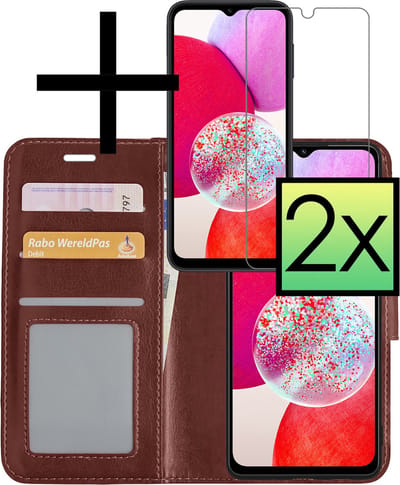 Hoesje - Met 2x Screenprotector - Geschikt voor Samsung Galaxy A14 - Luxe Pasjeshouder - Bookcase Portemonee - Flip Case - Kunstleer Book Case - Flipcase Hoes - Book Cover - Walletcase - Portemonneehoes - Bruin