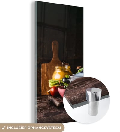 MuchoWow® Glasschilderij 60x120 cm - Schilderij acrylglas - Rustiek - Stilleven - Pan - Groente - Foto op glas - Schilderijen