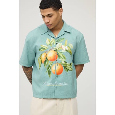 Oversized Boxy Shirt Met Fruitprint En Reverskraag | Sage | Size Medium