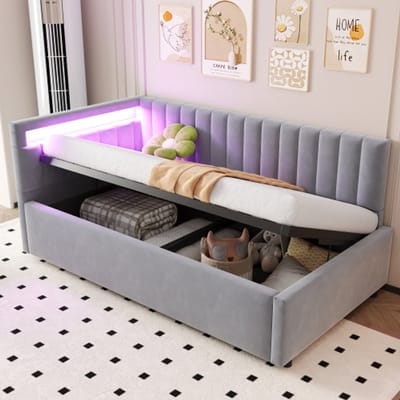 Zubaliya Polsterbett Schlafsofa - 90x200 cm Hellgrau - Samtstoff - LED Verlichting - Hydraulisch Stauraum