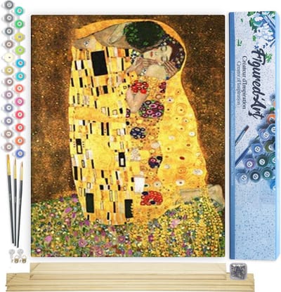 Figured'Art Schilderen op Nummer Volwassenen canvas De kus - Handwerk acrylverf Kit DIY Compleet - 40x50cm met DIY houten lijst