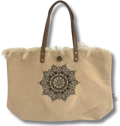 Ancient Wisdom - Tas - Natuurlijke draagtas multicolor katoen met leren handvat - schoudertas - boodschappentas - blokdruk - handgemaakt - eco-vriendelijk