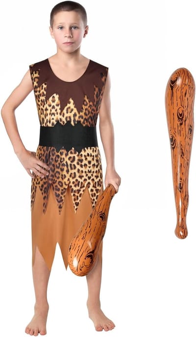 Wild Cave Outfit voor Kinderen met Steentijd Thema - Halloween Cosplay Kostuum met Luipaardprint, Hoofddoek en Opblaasbare Stok