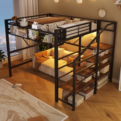 Hoogslaper 140 x 200 cm, Metalen Bed, Opstapje, Gaaselementen, Opbergmand, Open Opbergruimte Onder het Bed, Kinderbed met Led-lichtstrip, Exclusief Matras-Zwart