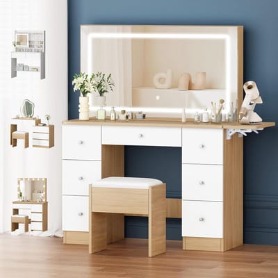 Make-uptafel met Spiegel, Kruk en 7 Laden - Kaptafel met Stopcontacten en Instelbare LED Verlichting