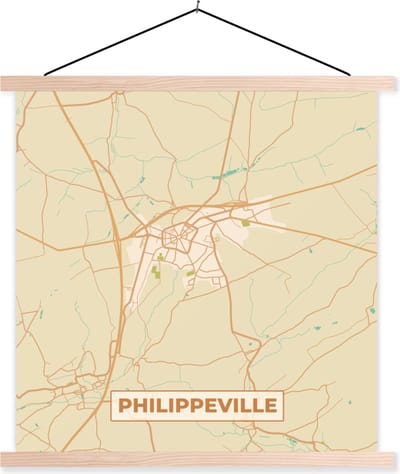 Posterhanger incl. Poster 40x40 cm - Schoolplaat - Stadskaart - Vintage - Philippeville - Kaart - Plattegrond - Textielposter - Blanke latten - Stadskaart