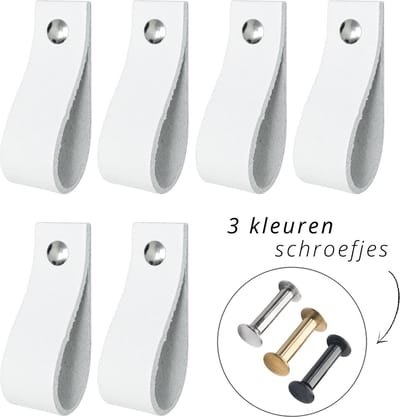 Handles and more - 6x Leren handgrepen lusjes - WIt - XS (12,6 x 2,5 cm) - incl. 3 kleuren schroefjes (handgreepjes - leren grepen - greepjes - leren lusjes)