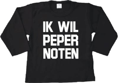 Sinterklaas Shirtje met Lange Mouw-maat 56 – Zwart – “Ik wil PEPERNOTEN”