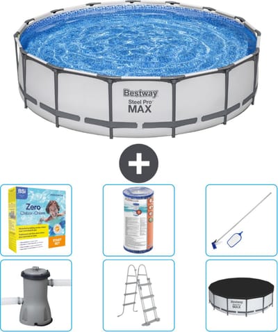 Bestway Rond Steel Pro MAX Zwembad - 457 x 107 cm - Grijs - Inclusief Pomp - Ladder - Afdekzeil Onderhoudspakket - Filter - Schoonmaakset