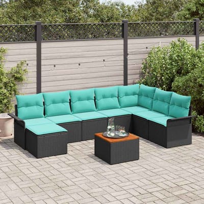 vidaXL - Tuinbank - Set - 9 - st - Zwart - en - Turkoois - poly - rattan