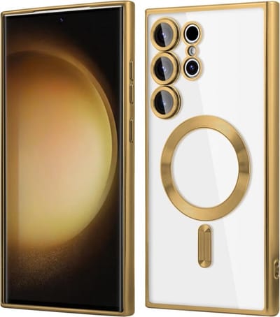 Telefoonhoesje Geschikt voor Samsung Galaxy S22 Ultra – Siliconen Hoes met Chroom – Compatibel met MagSafe – Geïntegreerde Camerabescherming – Goud – FuturiQ