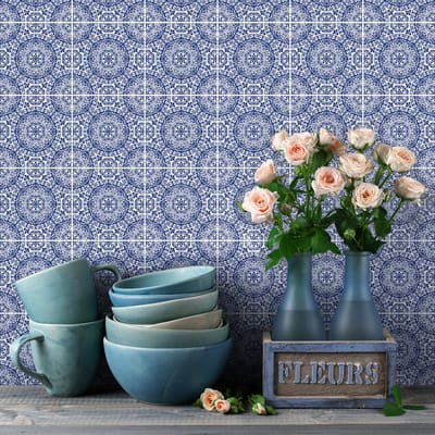Zelfklevende tegelmuurstickers voor keuken en badkamer - 9 cementtegelstickers, Azulejos Mina-stijl - 9 stickers, 10x10 cm