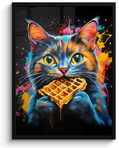 Poster in lijst - Fotolijst 50x70 cm - Posters - Kat - Graffiti - Kleurrijk - Wafel - Eten - Posterlijst zwart - Decoratie - Wanddecoratie woonkamer - Muurdecoratie slaapkamer