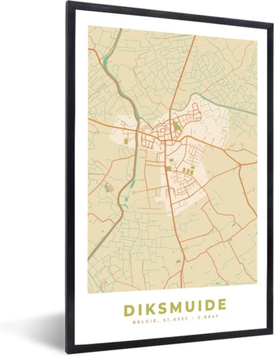 Fotolijst incl. Poster - Stadskaart - Diksmuide - Kaart - België - Plattegrond - 40x60 cm - Posterlijst