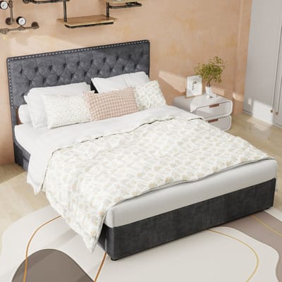 MODENUIT Gestoffeerd bed 140x200 cm – Hoog hoofdbord met klinknageldetails – Opbergruimte met gasveer – Zonder matras – Grijs