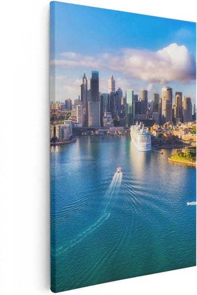 Artaza Canvas Schilderij Skyline Stad - 20x30 cm - Klein - Wanddecoratie Haven Boot - Muurdecoratie Zee - Kamer Accessoires