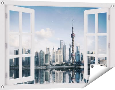 Gards Tuinposter Doorkijk Shanghai Skyline in China - 90x60 cm - Tuindoek - Tuindecoratie - Wanddecoratie buiten - Tuinschilderij