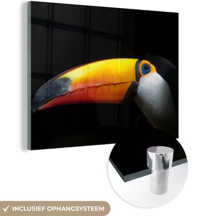 MuchoWow® Glasschilderij 160x120 cm - Schilderij acrylglas - Toekan - Vogel - Snavel - Foto op glas - Schilderijen