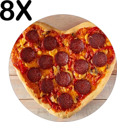 Luxe Ronde Placemat - Love Pizza - Hartjes Pizza - Set van 8 Placemats - 50x50 cm - 2 mm dik Vinyl - Anti Slip - Afneembaar