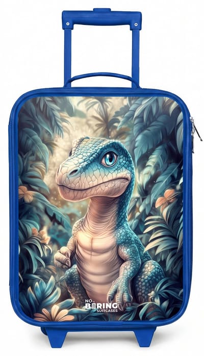 NoBoringSuitcases.com® - Kinderkoffer blauw - Kindertrolley jongen - Dino in mystieke jungle met maanlicht - Koffer kind lichtgewicht - Reiskoffer trolley voor kinderen - Koffertje met lichtgevende wieltjes - Rolkoffer
